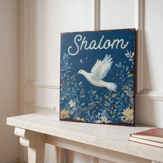 15" Blue Wood Pigeon Hanukkah Tabletop Sign