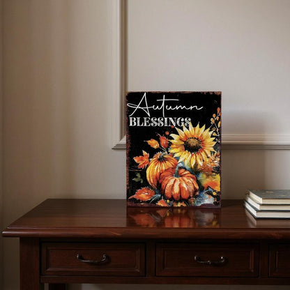 15" Brown Orange And Yellow Wood Sunflower Thanksgiving Tabletop Sign
