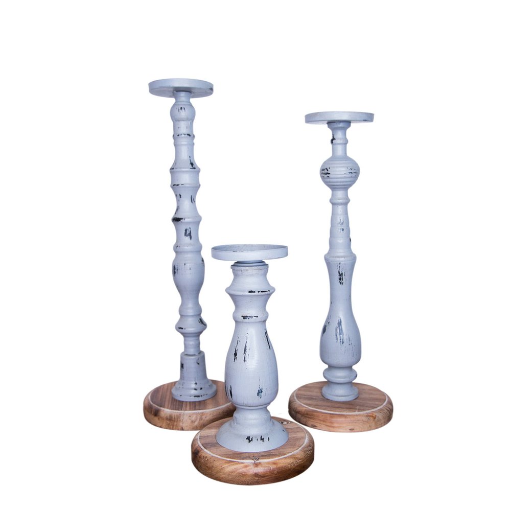 Set of Three Gray Distressed Wood Tabletop Pillar Candle Holders