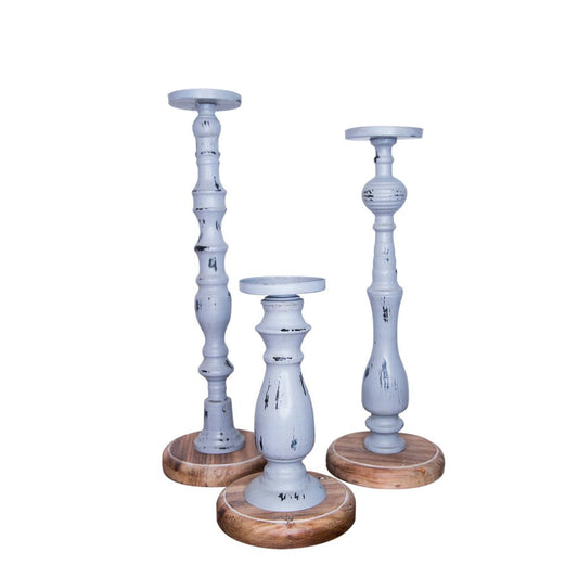 Set of Three Gray Distressed Wood Tabletop Pillar Candle Holders