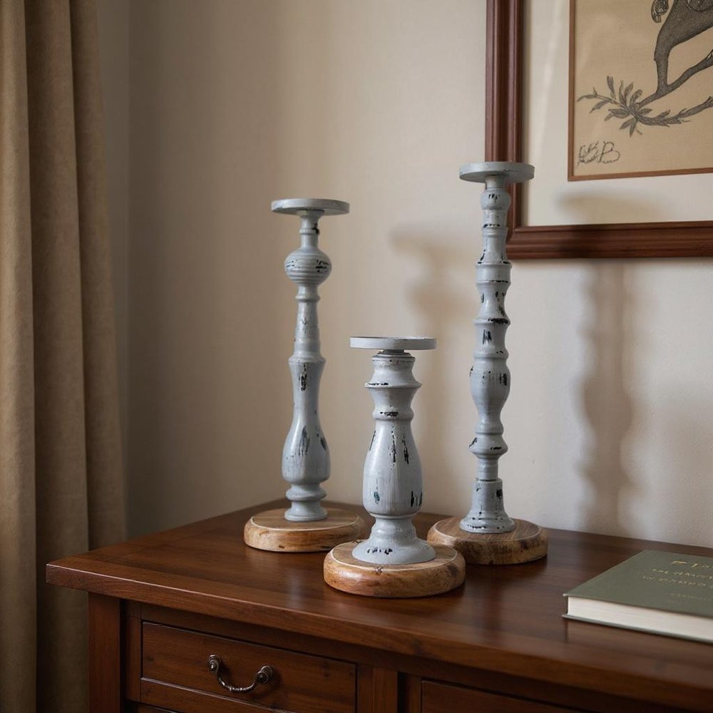 Set of Three Gray Distressed Wood Tabletop Pillar Candle Holders