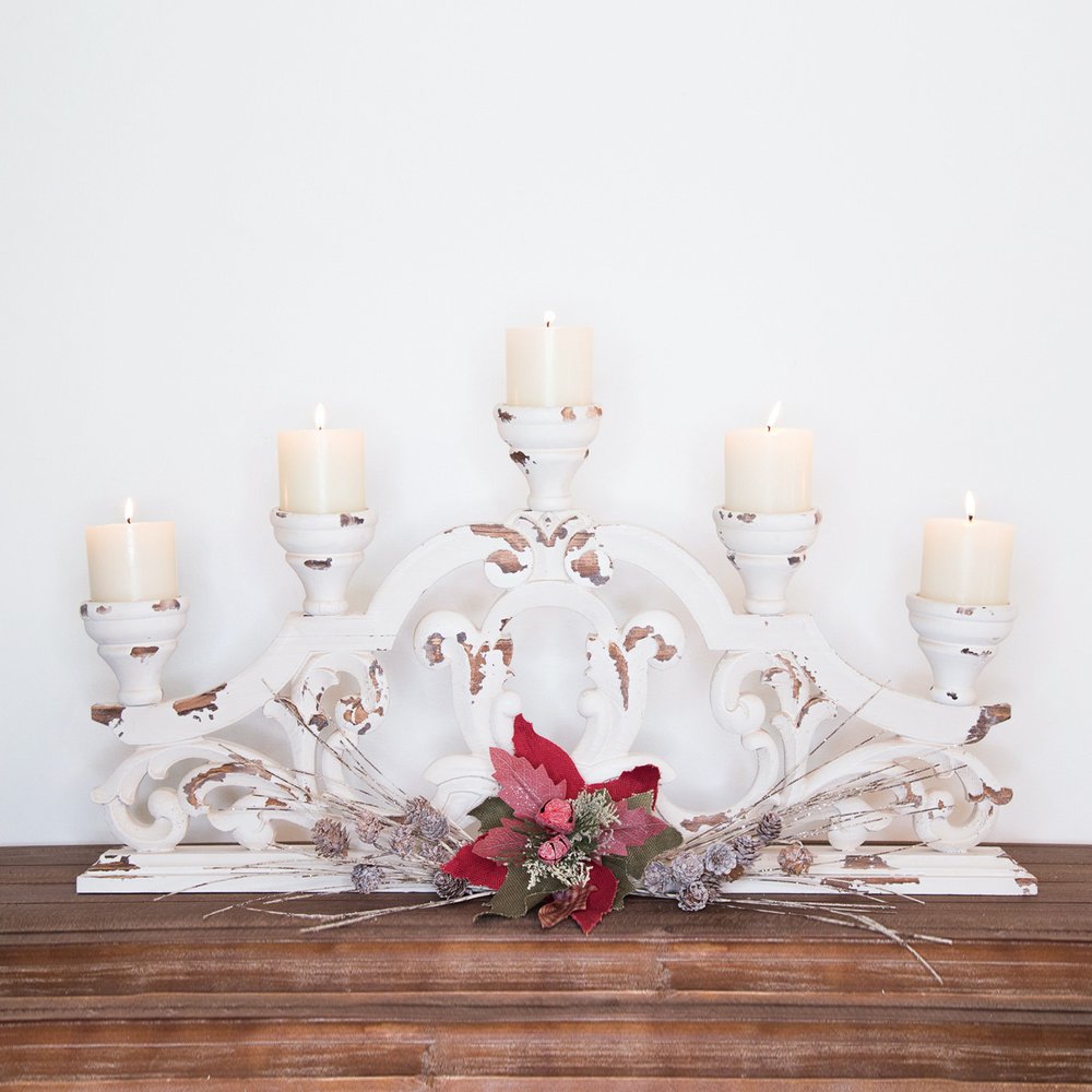 34" White Distressed Wood Tabletop Five Light Candelabra