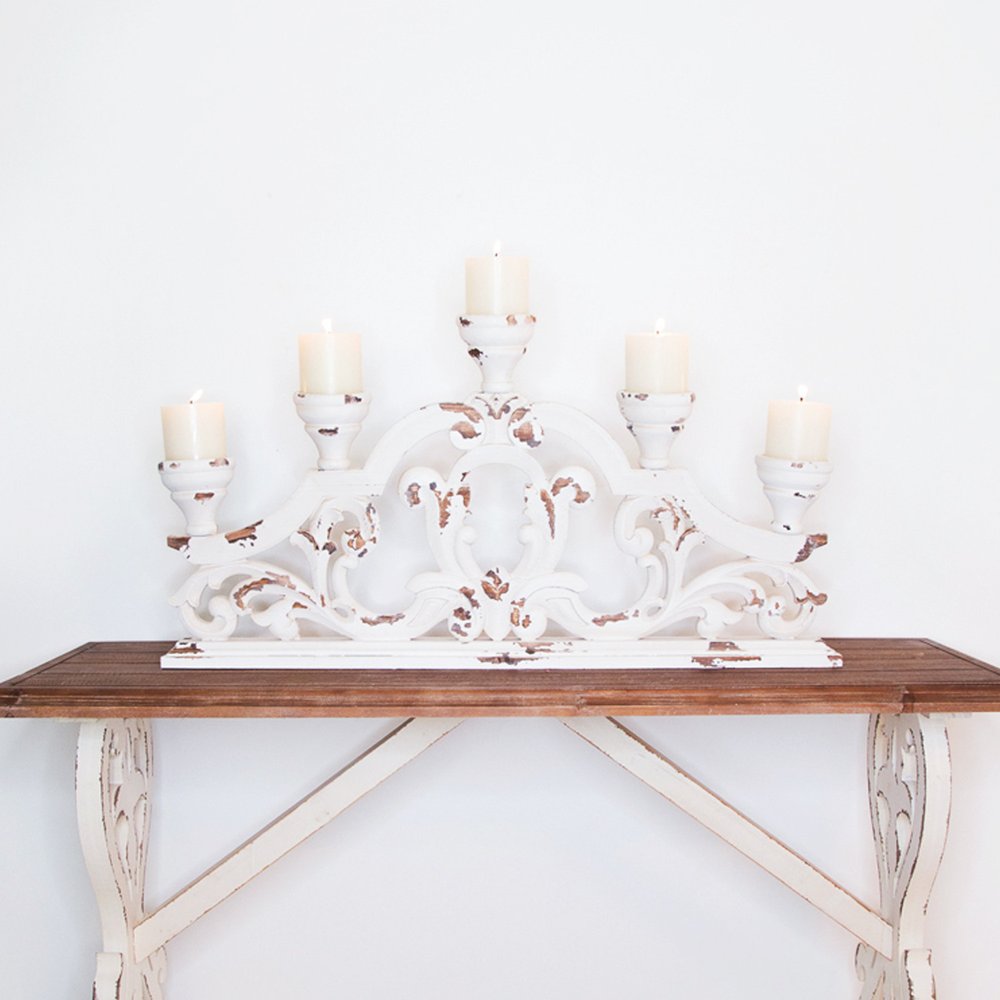 34" White Distressed Wood Tabletop Five Light Candelabra