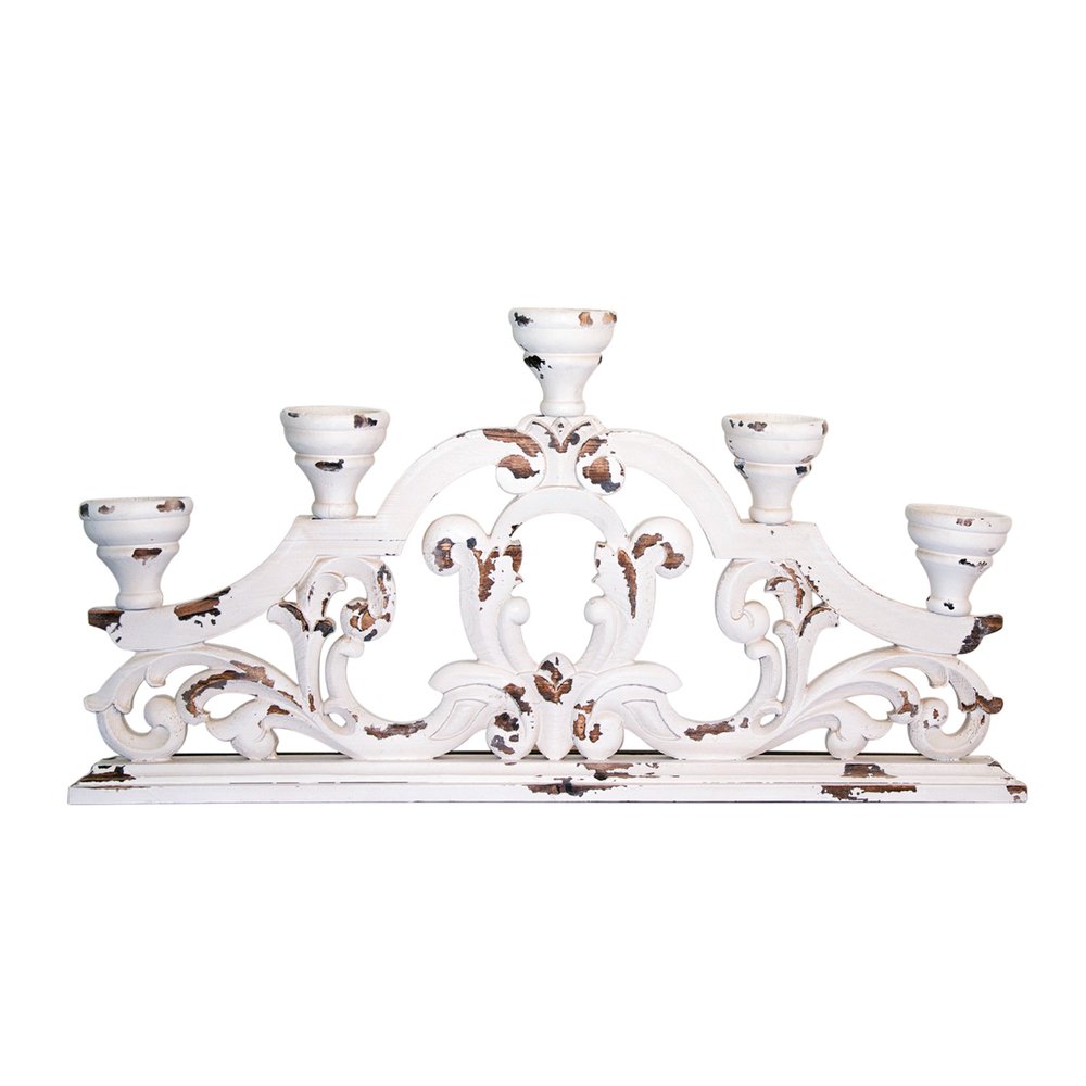 34" White Distressed Wood Tabletop Five Light Candelabra