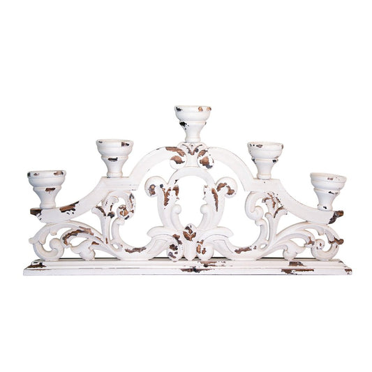 34" White Distressed Wood Tabletop Five Light Candelabra