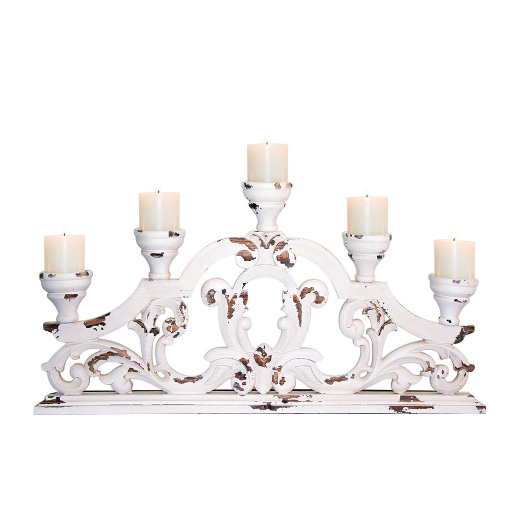 34" White Distressed Wood Tabletop Five Light Candelabra