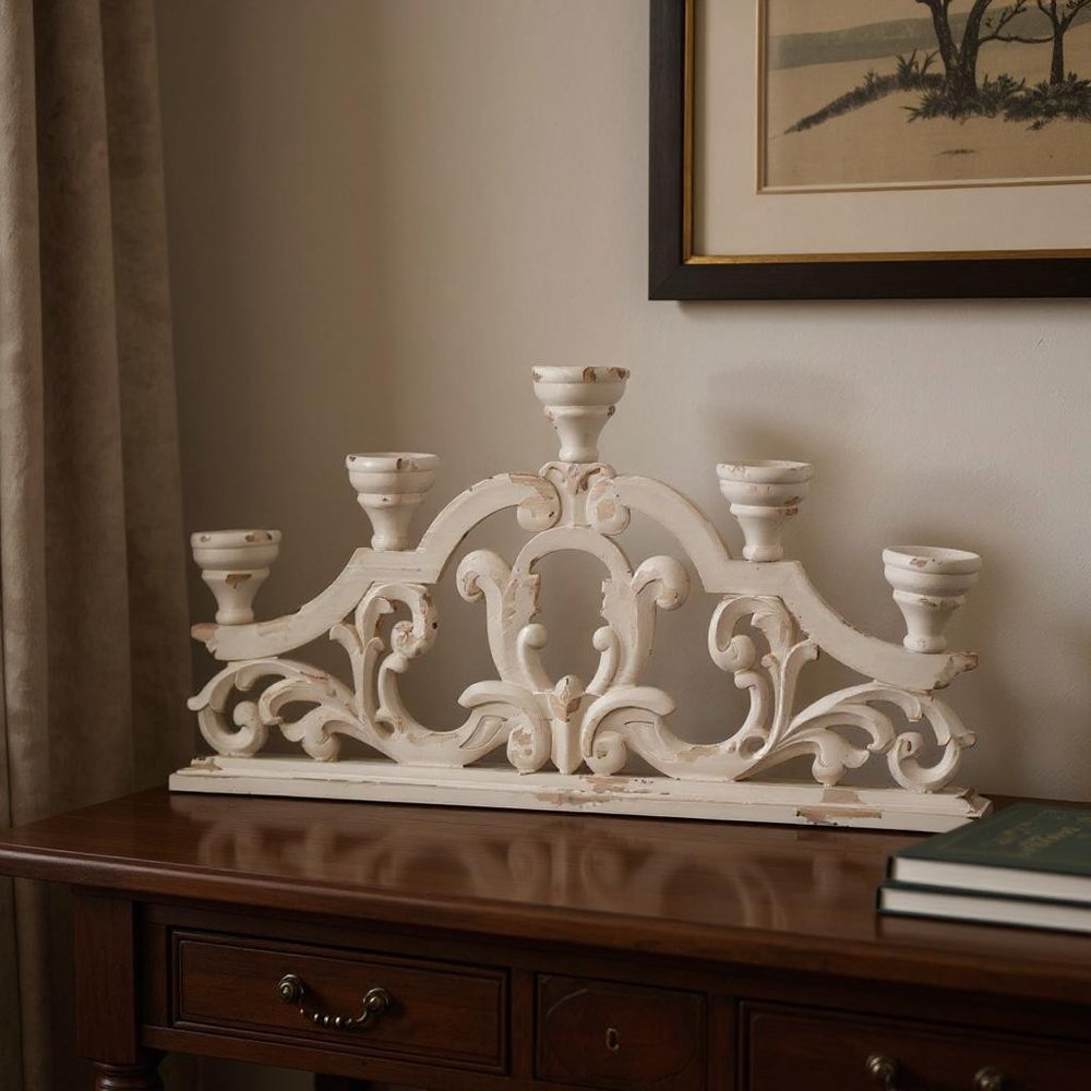 34" White Distressed Wood Tabletop Five Light Candelabra