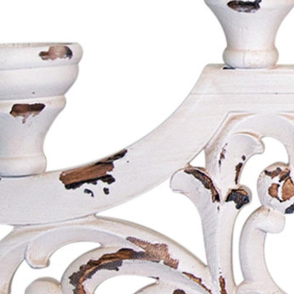 34" White Distressed Wood Tabletop Five Light Candelabra