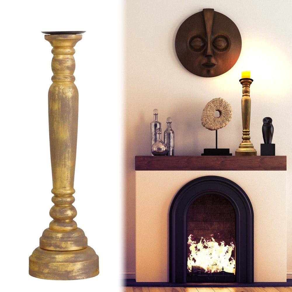 29" Gold Distressed Solid Wood Tabletop Taper Candlestick