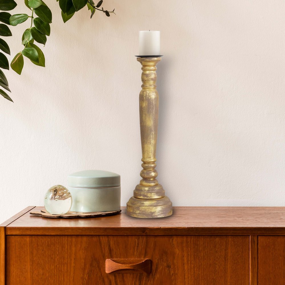 29" Gold Distressed Solid Wood Tabletop Taper Candlestick