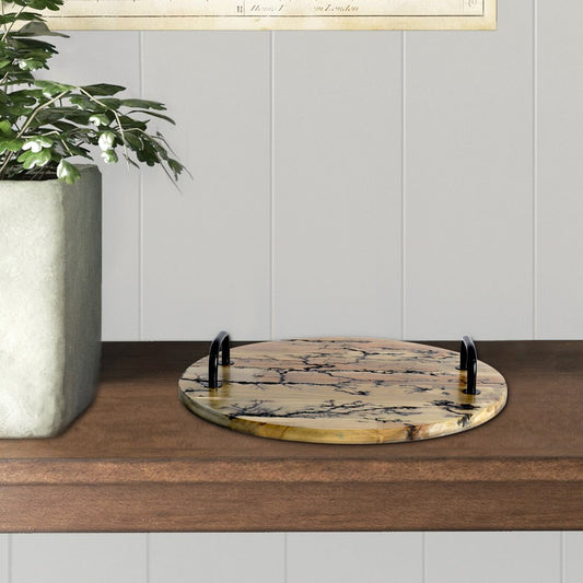 16" Brown And Black Solid Wood Abstract Round Serving Tray With Handles