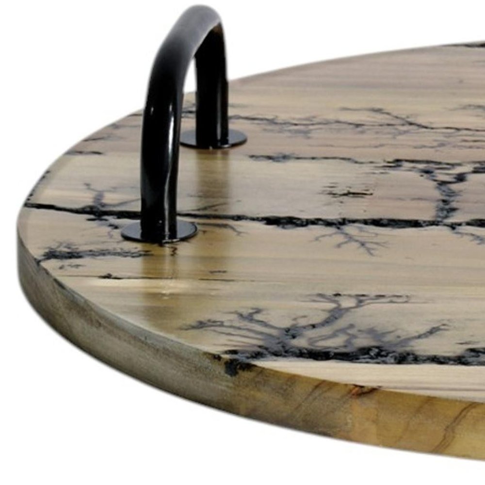 16" Brown And Black Solid Wood Abstract Round Serving Tray With Handles
