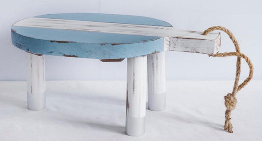 10" Blue And White Solid Wood Handmade Round Riser