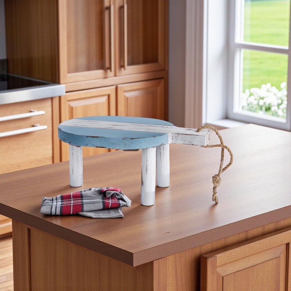 10" Blue And White Solid Wood Handmade Round Riser