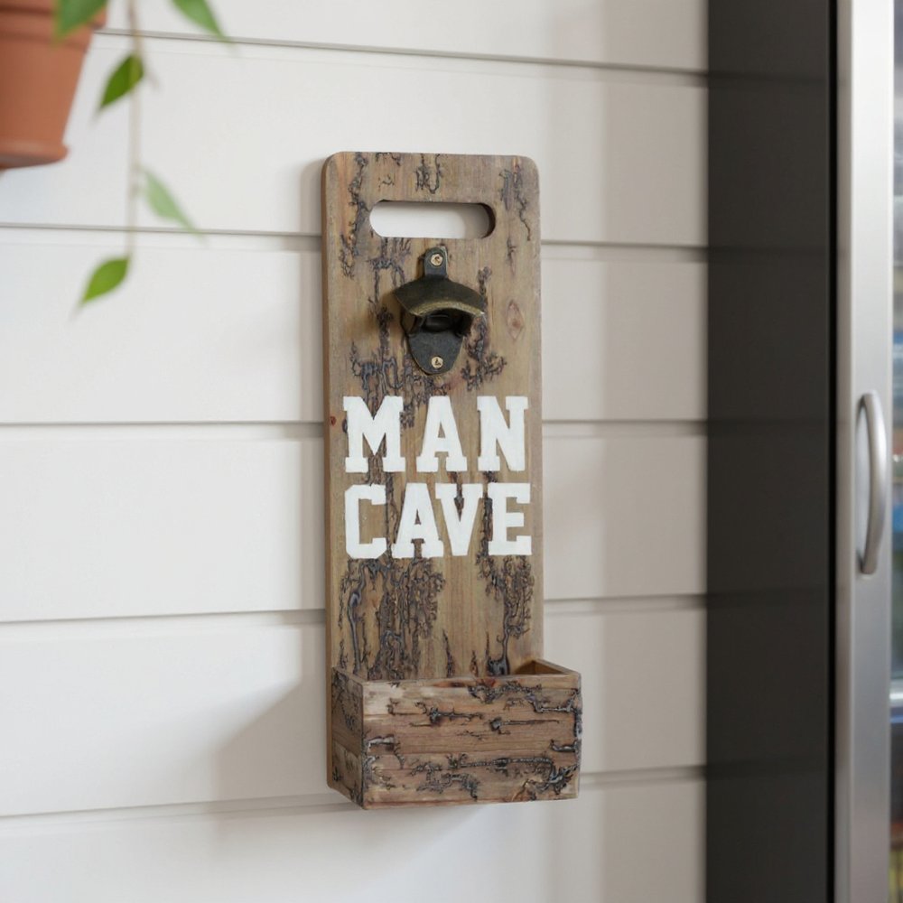 18" Brown Rustic Solid Wood Man Cave Bottle Cap Catcher Wall Decor