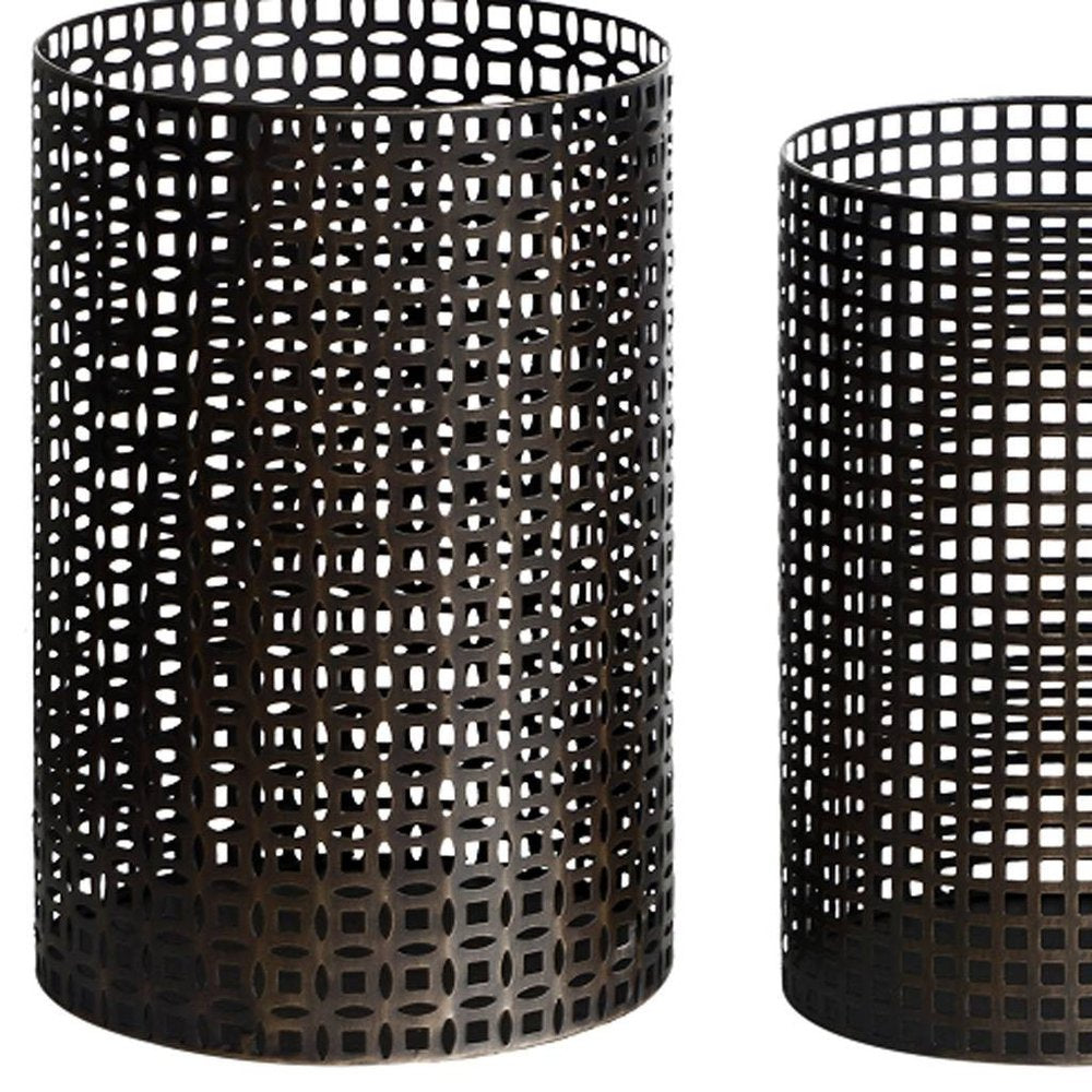 Set of Five Dark Brown Pierced Geometric Metal Tabletop Hurricane Candle Holders