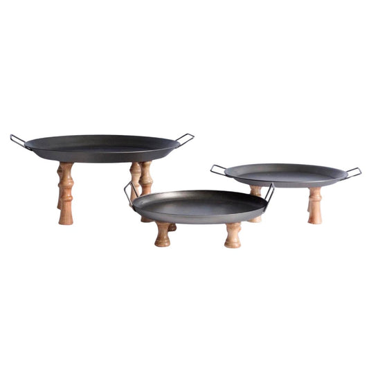 Set of Three Black And Brown Wood And Metal Round Riser Trays With Handles