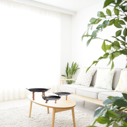 Set of Three Black And Brown Wood And Metal Round Riser Trays With Handles