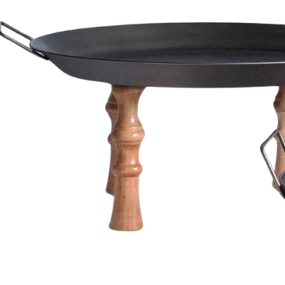Set of Three Black And Brown Wood And Metal Round Riser Trays With Handles