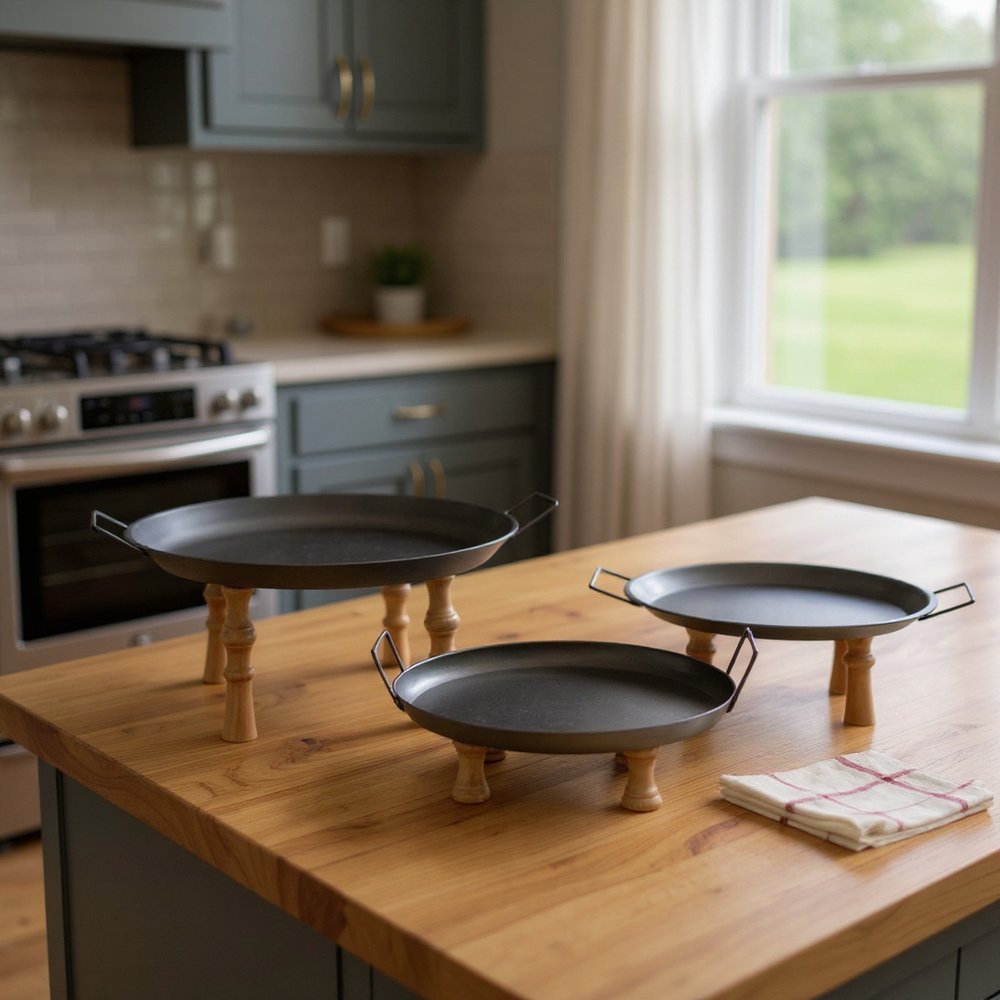 Set of Three Black And Brown Wood And Metal Round Riser Trays With Handles