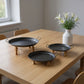 Set of Three Black And Brown Wood And Metal Round Riser Trays With Handles