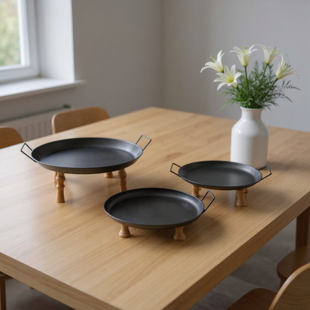 Set of Three Black And Brown Wood And Metal Round Riser Trays With Handles