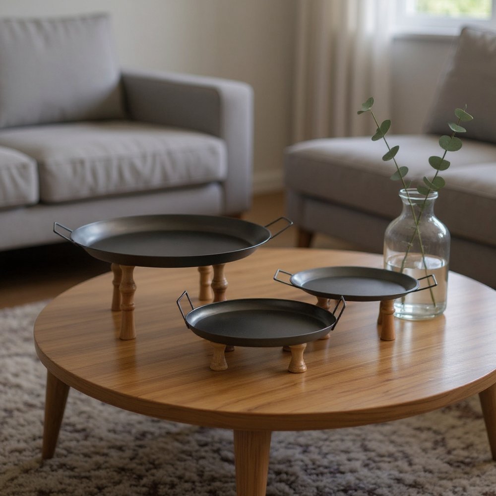 Set of Three Black And Brown Wood And Metal Round Riser Trays With Handles