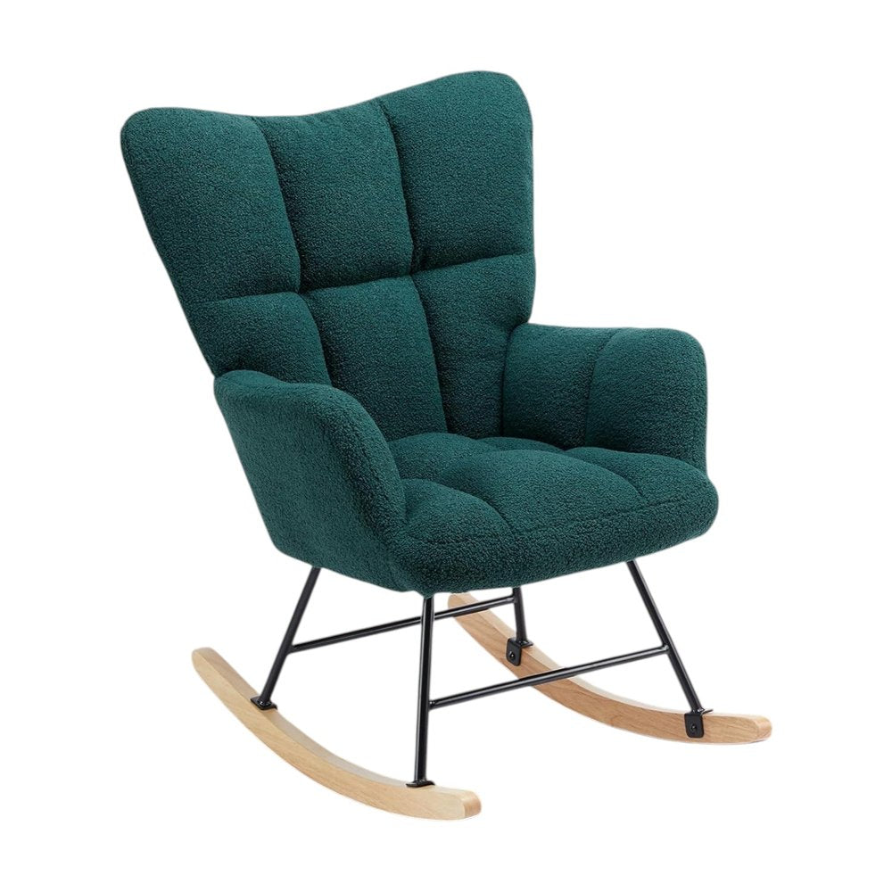 23" Green and Black Boucle Steel And Wood Glider Rocking Chair