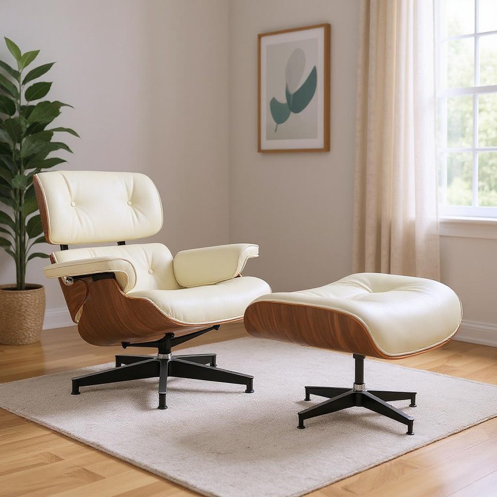27" Off White and Light Brown Tufted Genuine Leather Swivel Lounge Chair With Ottoman