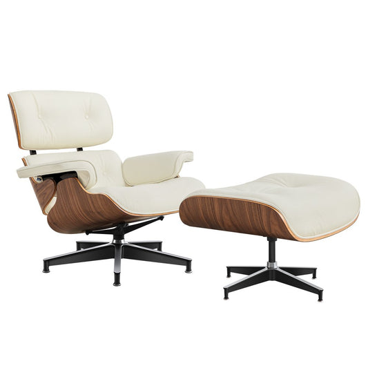 27" Off White and Light Brown Tufted Genuine Leather Swivel Lounge Chair With Ottoman