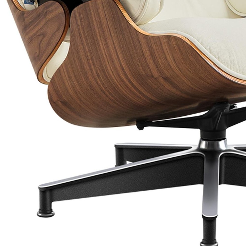 27" Off White and Light Brown Tufted Genuine Leather Swivel Lounge Chair With Ottoman