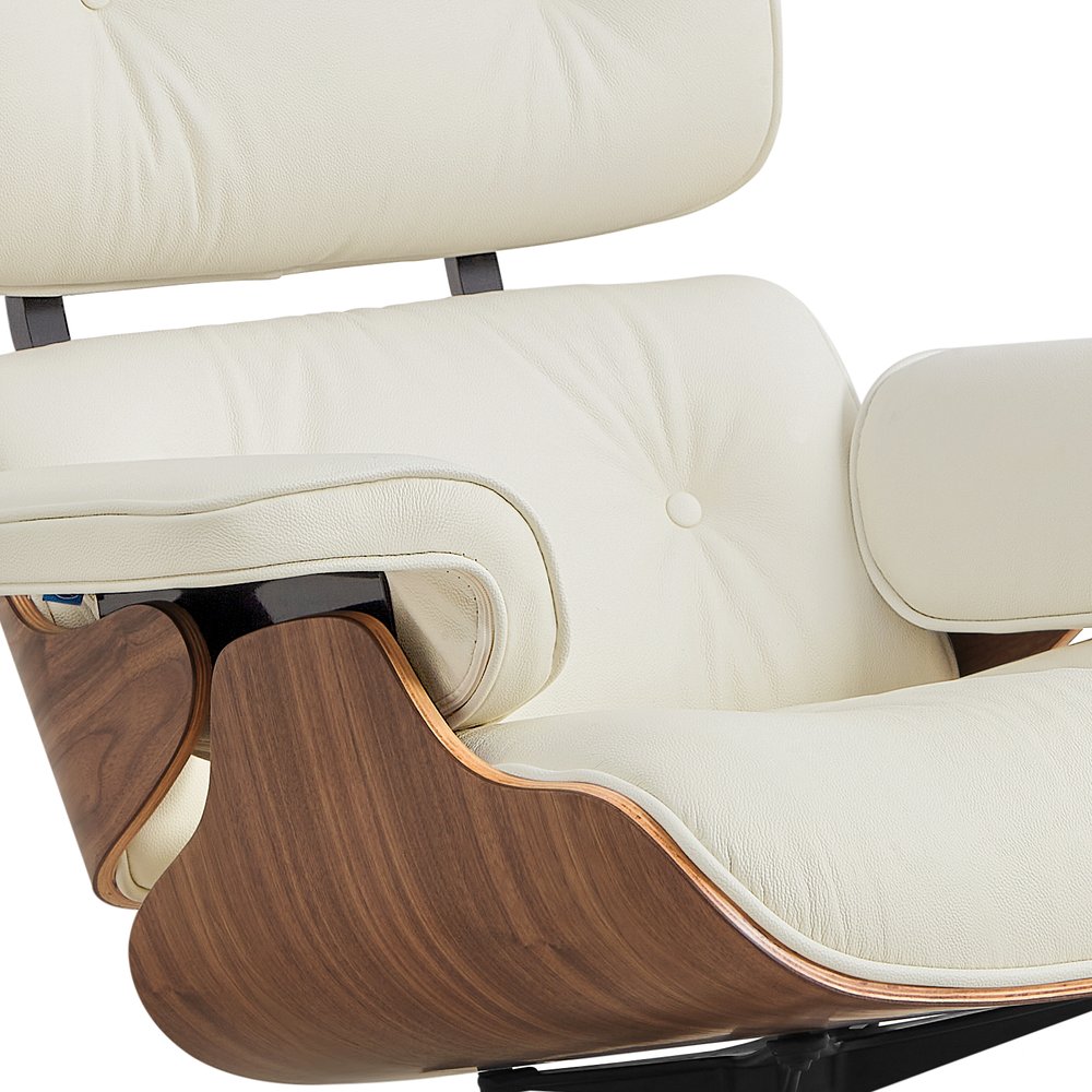 27" Off White and Light Brown Tufted Genuine Leather Swivel Lounge Chair With Ottoman