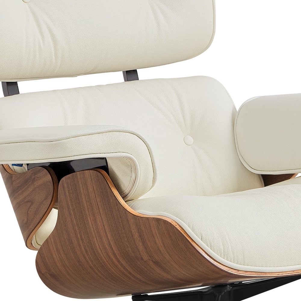 27" Off White and Light Brown Tufted Genuine Leather Swivel Lounge Chair With Ottoman