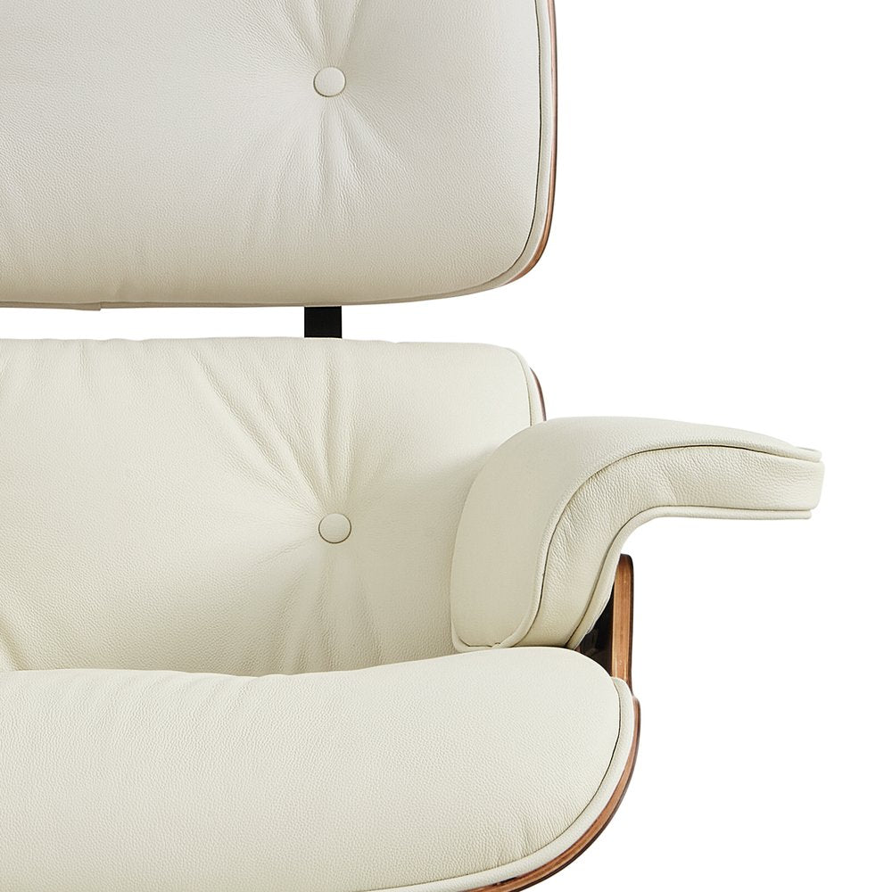 27" Off White and Light Brown Tufted Genuine Leather Swivel Lounge Chair With Ottoman
