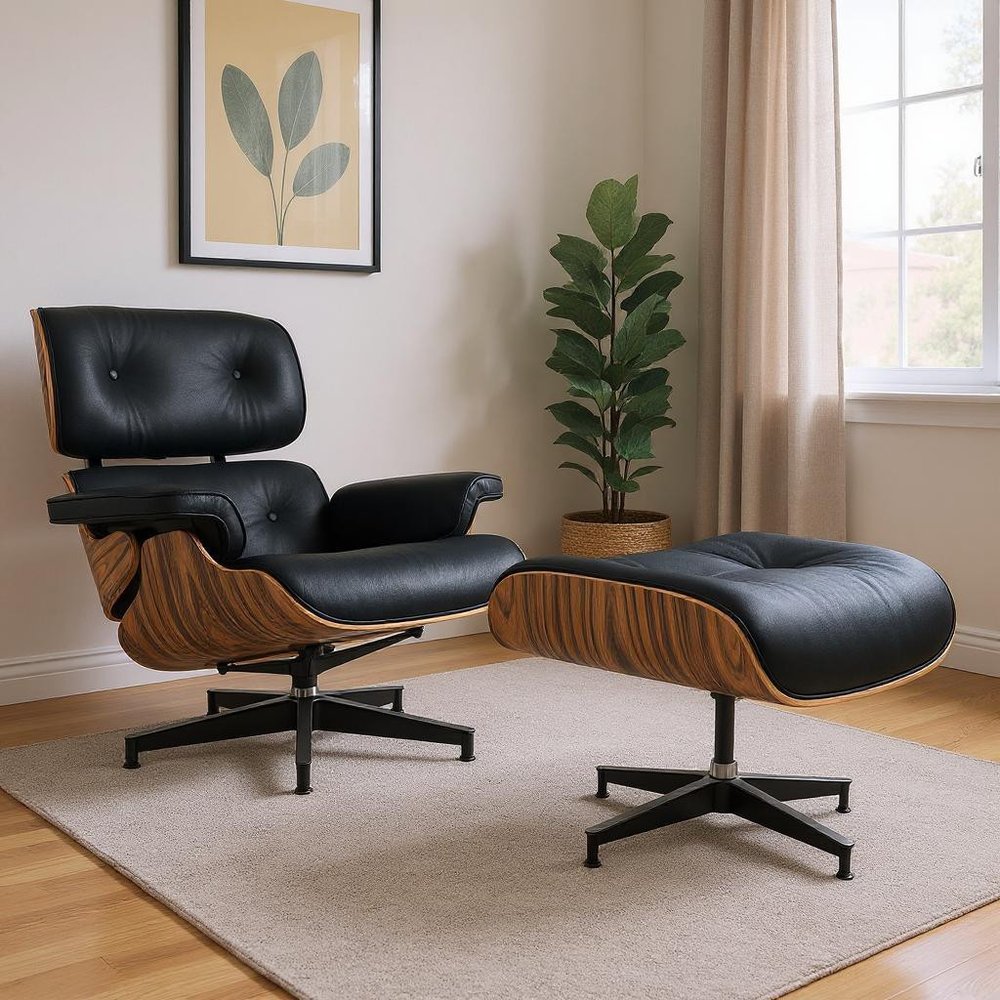 27" Black and Brown Tufted Genuine Cowhide Swivel Lounge Chair With Ottoman