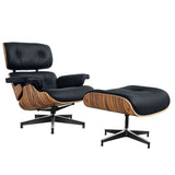 27" Black and Brown Tufted Genuine Cowhide Swivel Lounge Chair With Ottoman