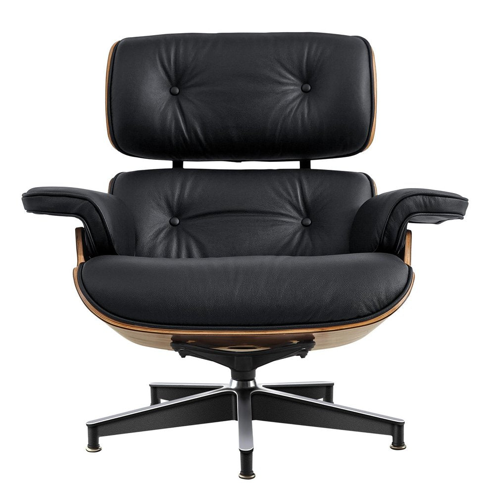 27" Black and Brown Tufted Genuine Cowhide Swivel Lounge Chair With Ottoman