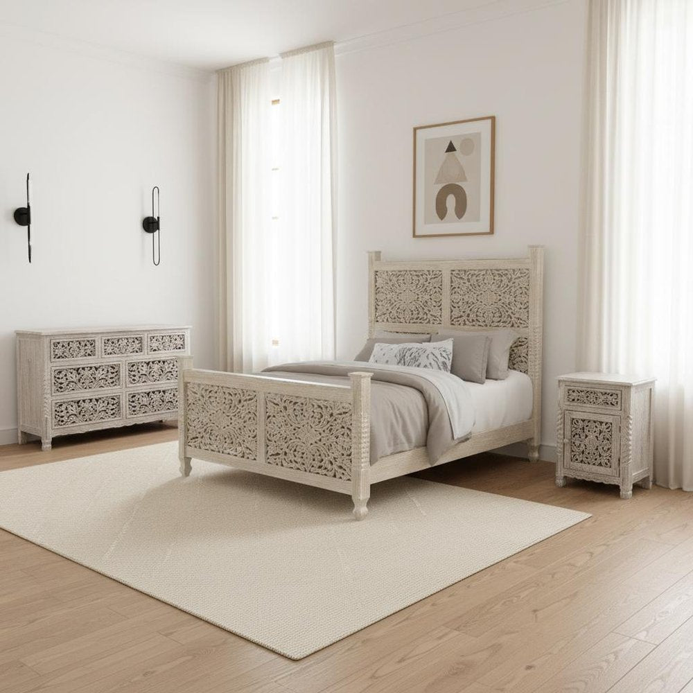 Three Piece White Solid Wood Bedroom Set