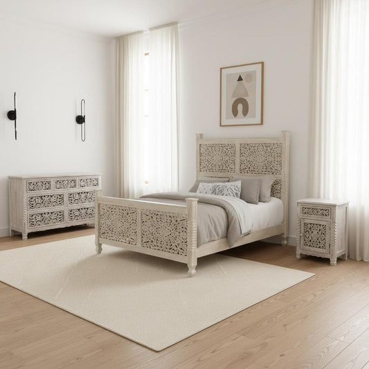 Three Piece White Solid Wood Bedroom Set