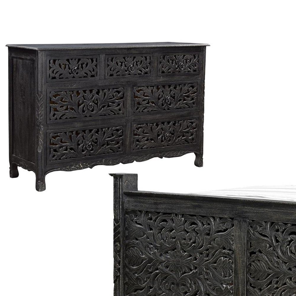 Three Piece Black Solid Wood Bedroom Set