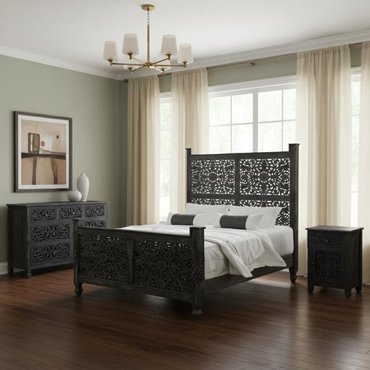 Three Piece Black Solid Wood Bedroom Set