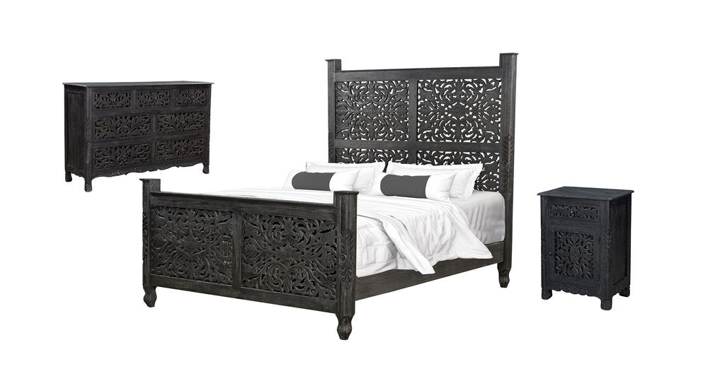 Three Piece Black Solid Wood Bedroom Set