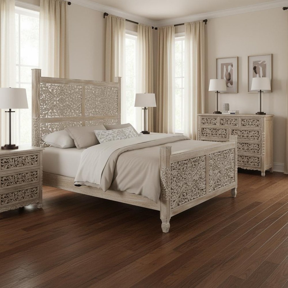 Three Piece Gray Solid Wood Bedroom Set