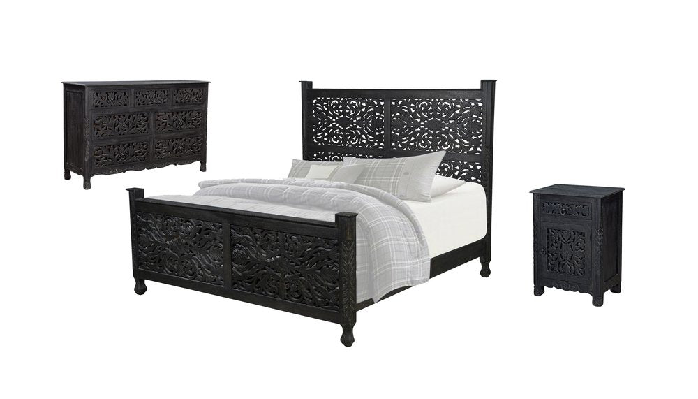 Three Piece Black Solid Wood Bedroom Set