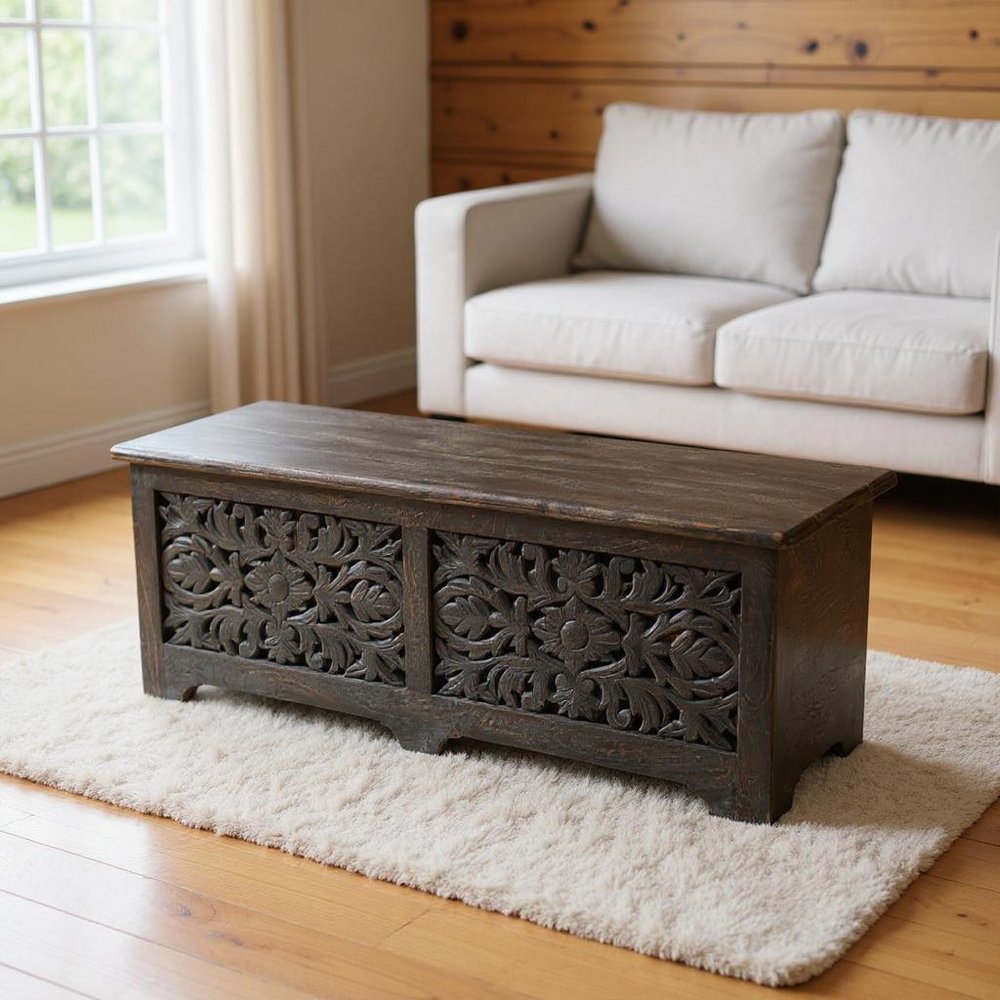 52" Black Distressed Solid Wood Carved Floral Storage Ottoman