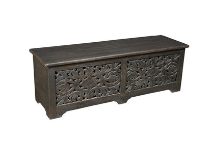 52" Black Distressed Solid Wood Carved Floral Storage Ottoman