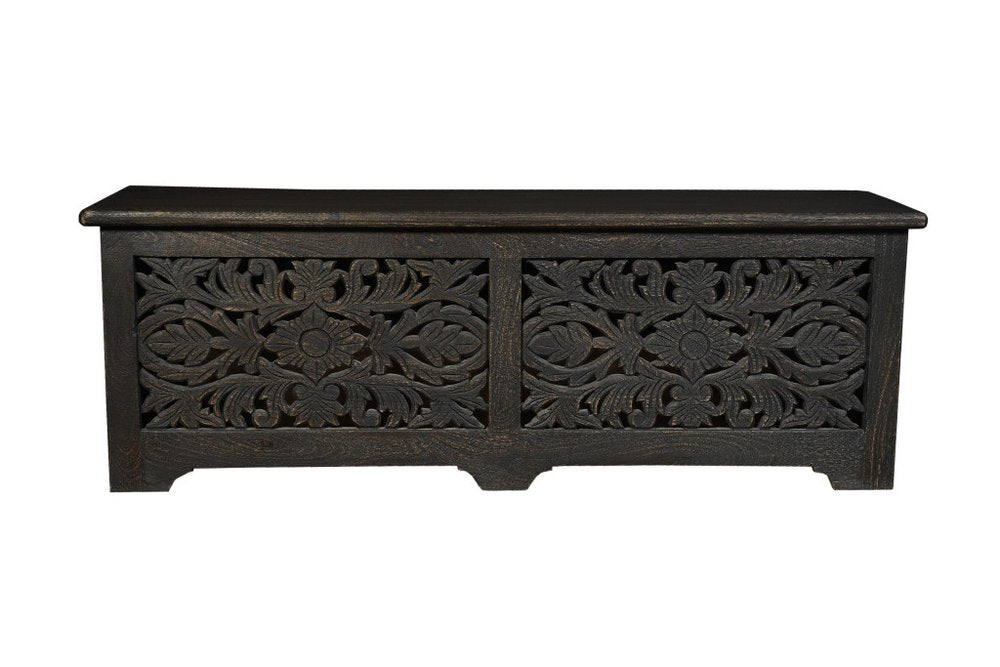 52" Black Distressed Solid Wood Carved Floral Storage Ottoman