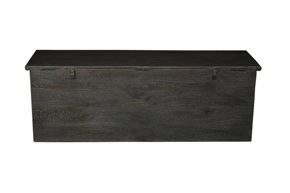 52" Black Distressed Solid Wood Carved Floral Storage Ottoman