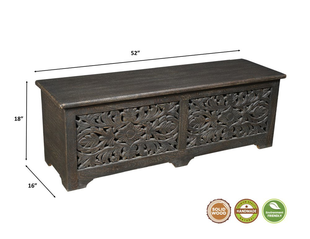 52" Black Distressed Solid Wood Carved Floral Storage Ottoman