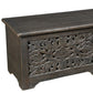 52" Black Distressed Solid Wood Carved Floral Storage Ottoman